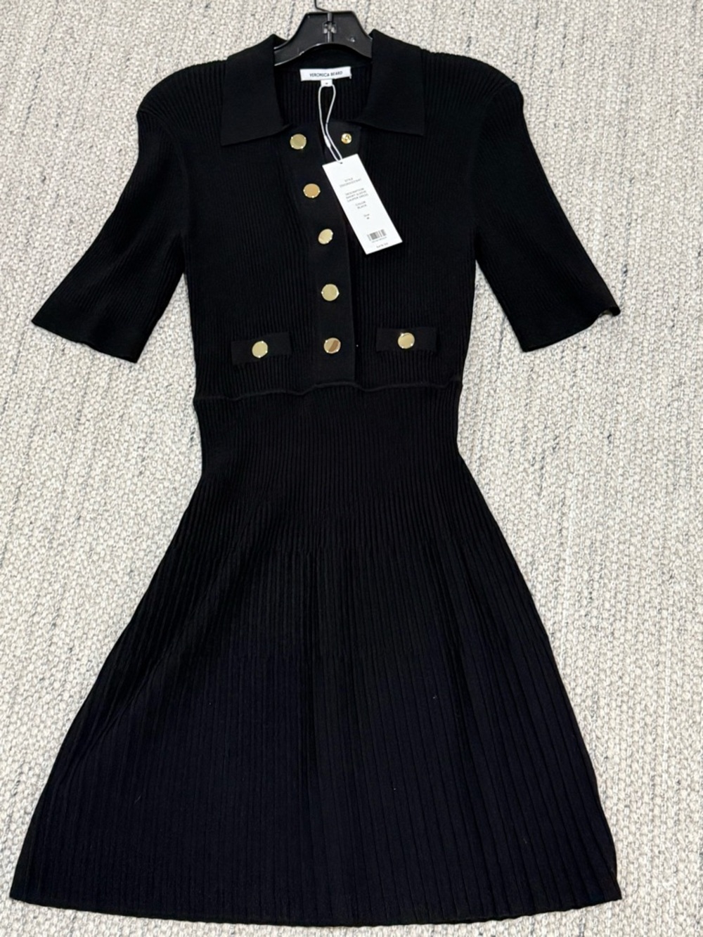Veronica Beard Black Ribbed Polo Dress with Gold Buttons